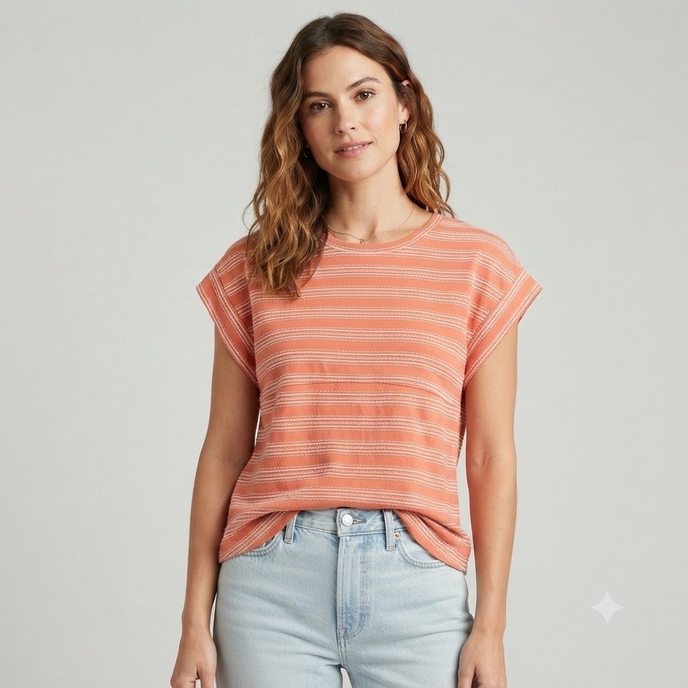 NWTDemocracy Womens Coral Orange Striped Cuffed Cap Sleeve Top Large casual